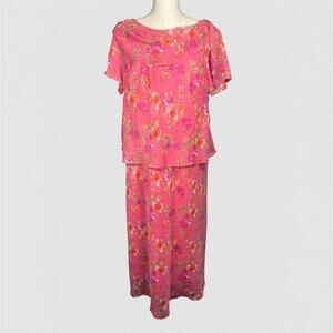 Vintage 90’s Lady Dorby Pink Floral Chiffon Midi Dress Cottagecore Retro sz 18WP